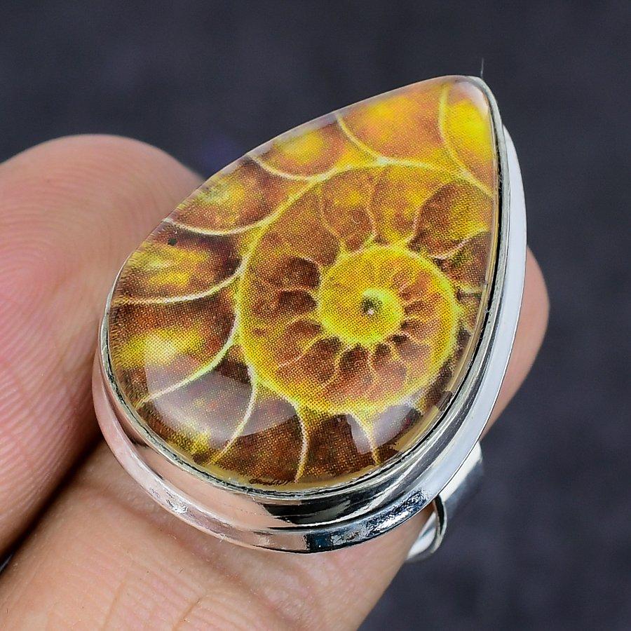 Ammonite Fossil Gemstone 925 Sterling Silver Jewelry Ring Size 7.5