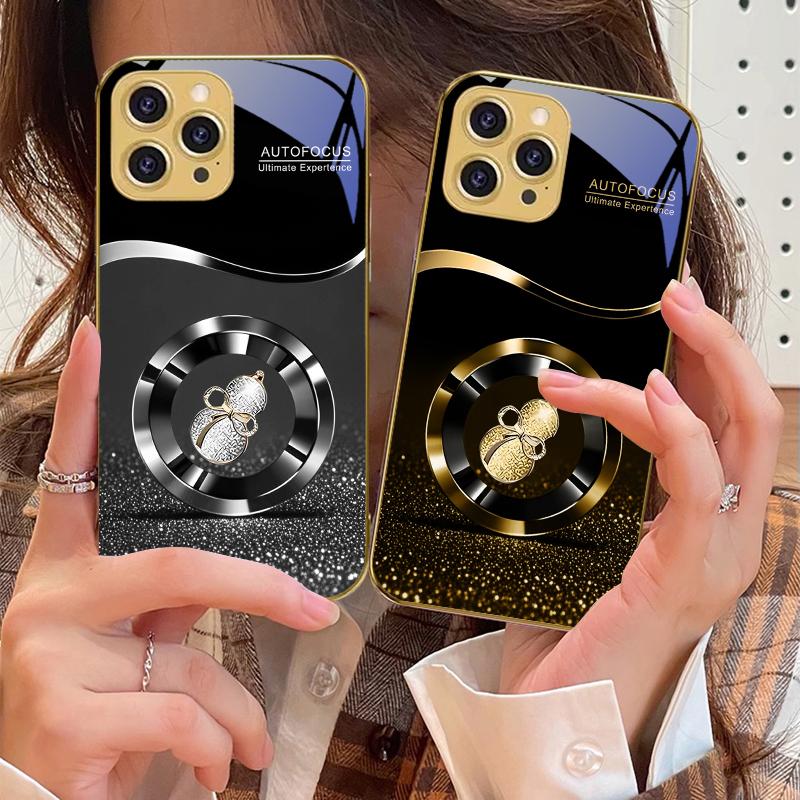 Goldene Glückskürbis Hülle für iPhone 16 16Pro Max 15 Pro 14 13 Plus 12 Mini 11Pro Max XS Max XR Goldene gehärtete Glas Handyhülle