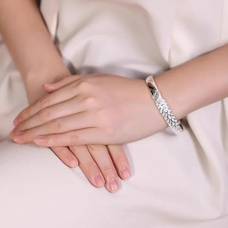 Luxury 925  Silver Open Bracelets For Women Elegant Peacock Opening Screen Bracelets Party Wedding Fine Jewelry Gifts