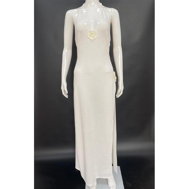 

European and American Sexy Backless Split Sling Knitted Beach dress Sexy V-neck Seamless Dress White L