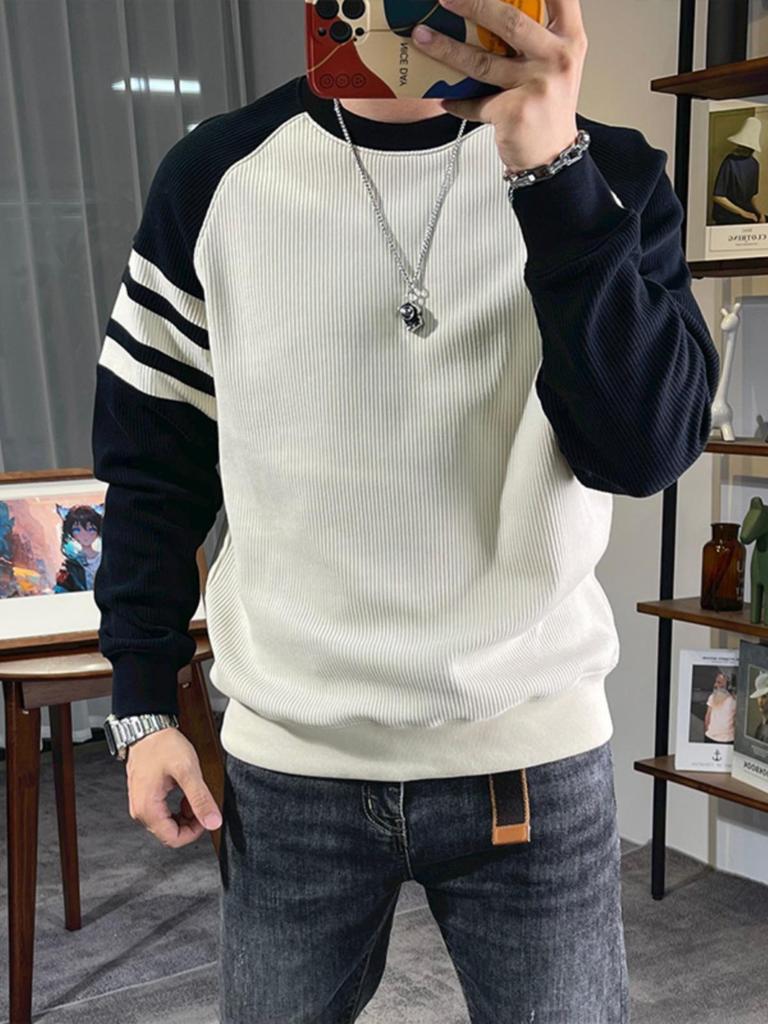 Contrast Color Round Neck Pullover Bottoming Shirt American Retro Splicing Shoulder Long Sleeve Sweater Men's Autumn Wear