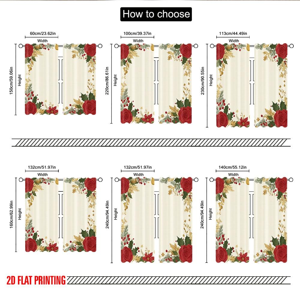 2pcs 2D Flat Printing Merry Christmas Curtains Christmas Roses Holly Bells Digital Printed Polyester Drapes Festive Wall Decor