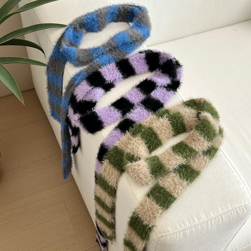 Black And White Striped Plush Scarf Women's Scarves Neck Warmer Girls Versatile Decoration Korean Thin And Narrow Long Tie Scarf