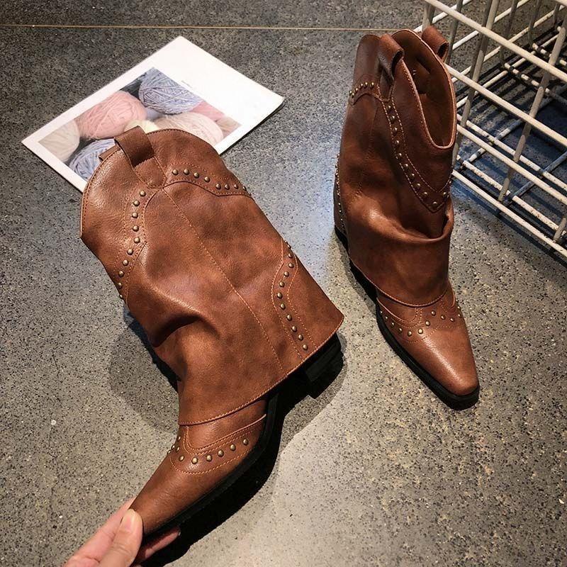 

Модные женские полусапоги до середины икры с острым носком и заклепками, на среднем каблуке, кожаные, осенне-зимние, водонепроницаемые, модные 2025 41