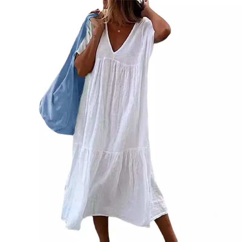 Spring and Summer New Women's V-Neck Sleeveless Dress Split Color Casual Commuter Medium and Long Dress