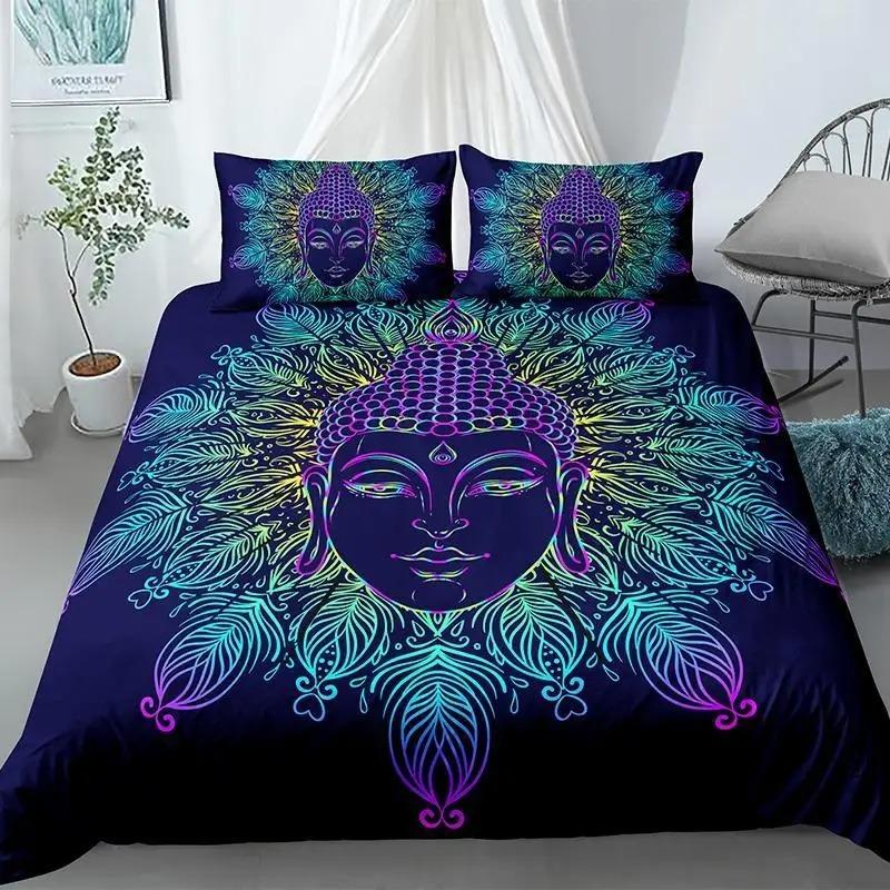Buddha Duvet Cover Set King Size Exotic Ethnic Bohemian Bedding Set Microfiber Golden Buddha Statue Print Gorgeous Quilt Cover