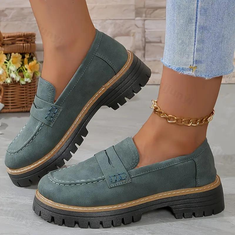 Fashion Woman Loafers Retro 2025 Autumn Ladies Large Size Frosted British Thick Heel Round Toe Rubber Outsole Korean Style Casual Shoes