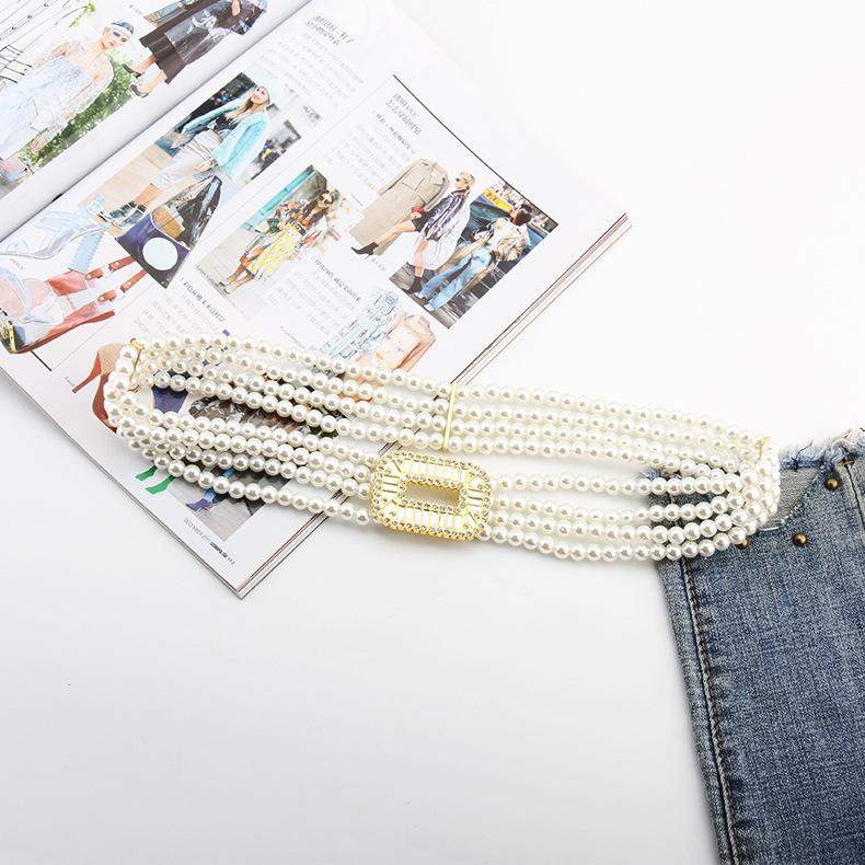 Ladies Dress Embellished With Four Rows Of High-Quality Pearl Elastic Elastic Flash Diamond Belt Waist Chain