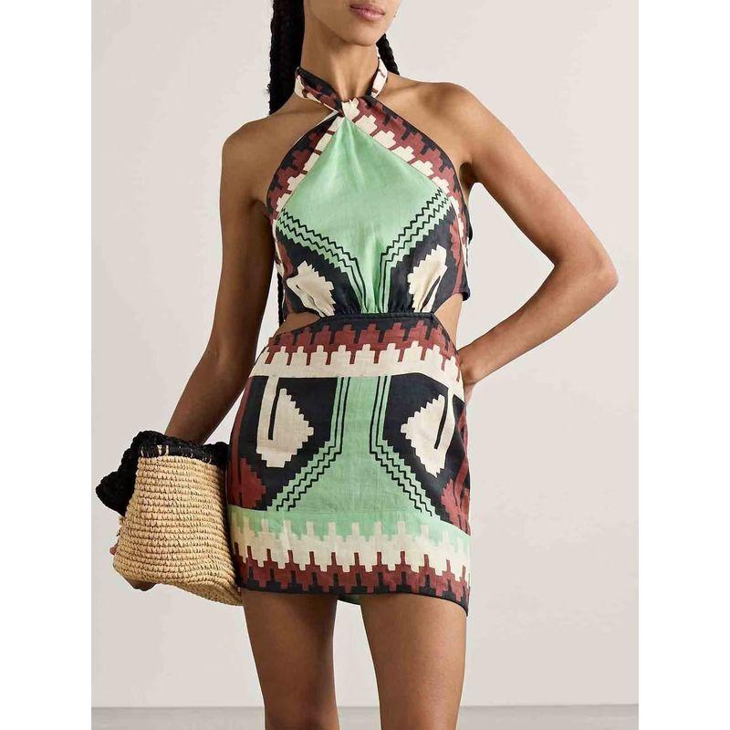 

New Arrival Fashion Summer Sexy Halterneck Positioning Print Vacation Beach Skirt Dress Picture Color S