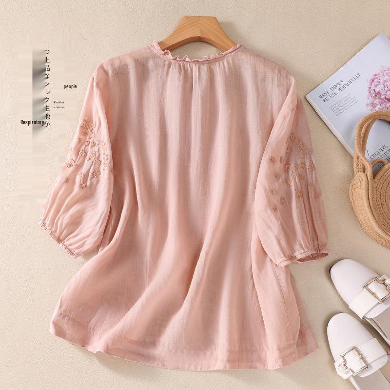2025 Summer Artistic V-Neck Embroidered Floral Women's Shirt with Five-Point Sleeves