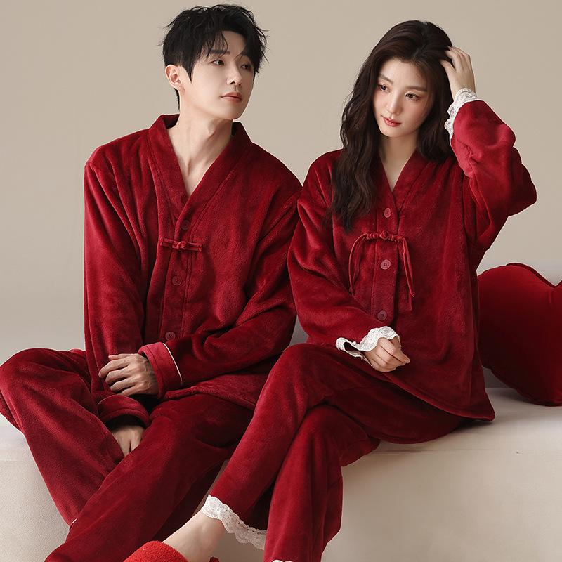 Pajamas wedding newlywed couple set winter coral fleece fleece thickened new Chinese red loungewear set