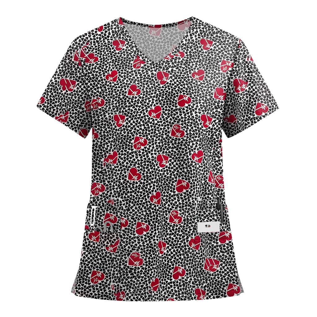 Women's Fashion Printed Short Sleeve V Neck Pattern Tops Pocket Working T-shirts
