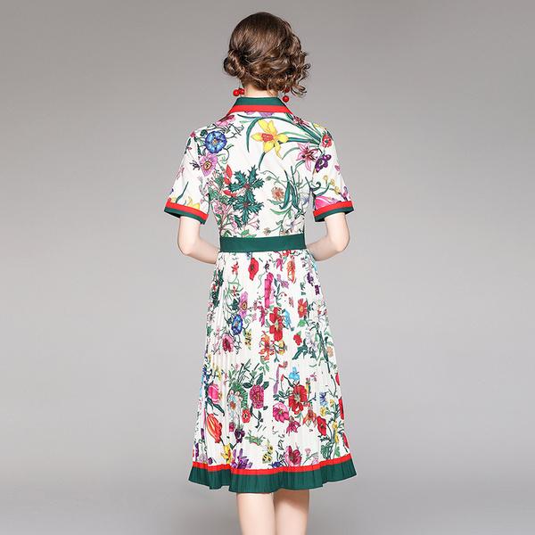 Summer Women European Style Designer Runway Dress Vintage Print Turn-down Collar Shirt Party Dresses