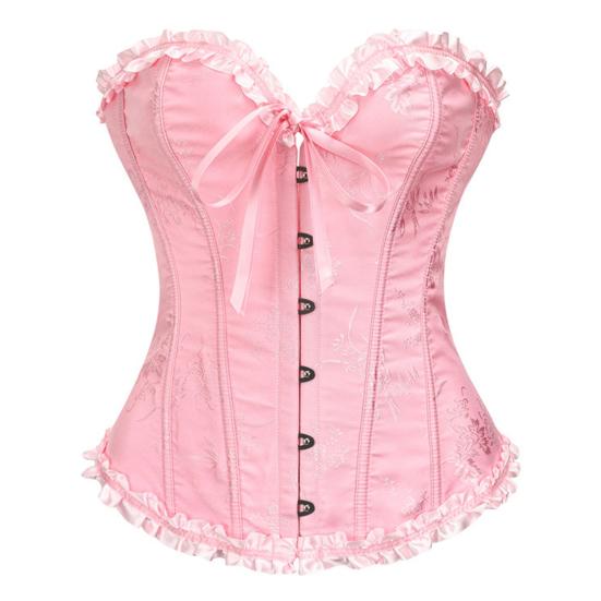 Women Corset Top Shapewear Waist Cincher Gothic Overbust Strapless Bra Ruffle Trim Lace-up Boned