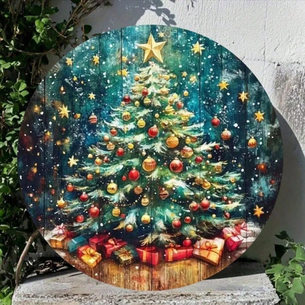 

Vintage Round Metal Tin Sign Christmas Tree With Gifts Home Wall Art Decor 20cm 20x20 разноцветный