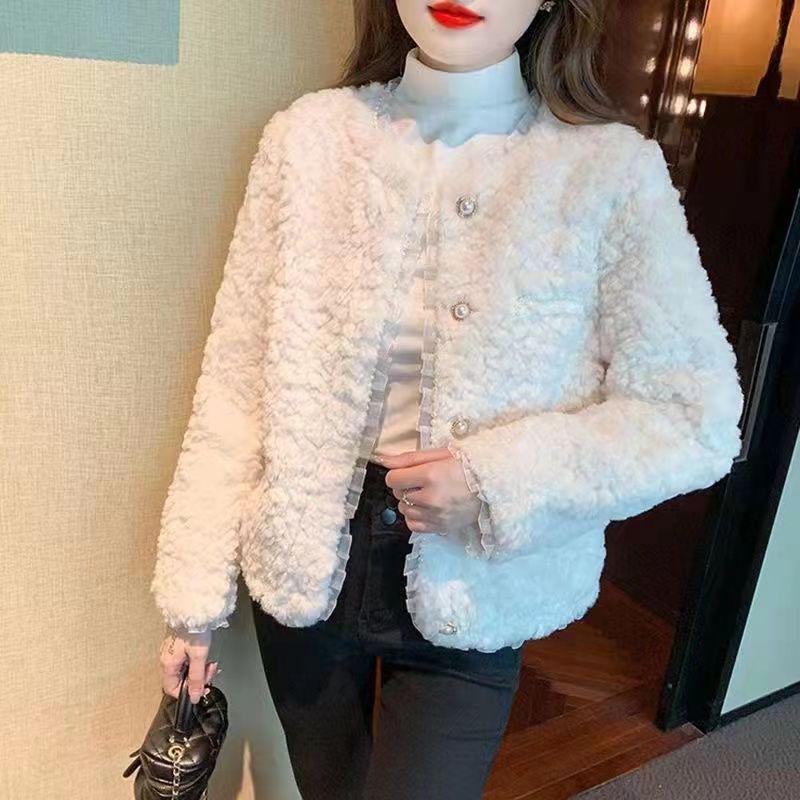 Chaqueta de Lana de Cordero Estilo Coreano con Cuentas para Otoño/Invierno para Mujer