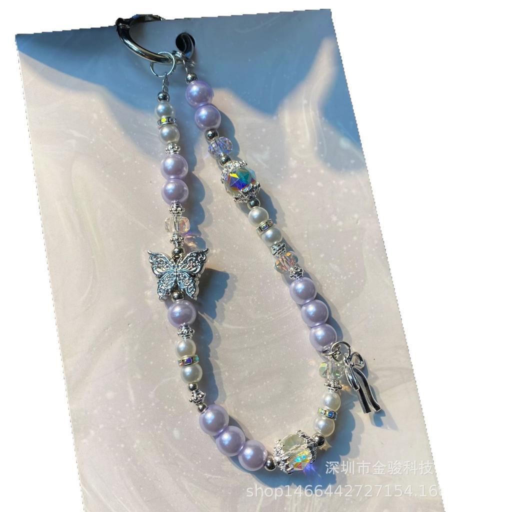 Ins Style Alloy Butterfly Phone Chain Rope Handmade Beaded Hanging Chain Pearl Keychain Bag Hanging Rope Pendant Rope Accessories