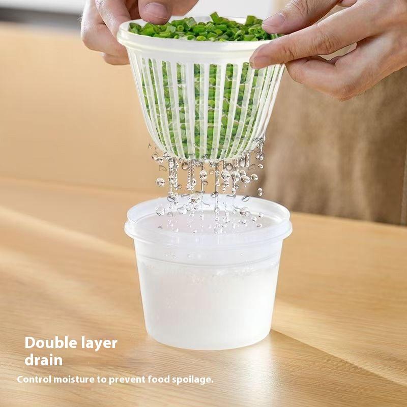 4Pcs Green Onion Fresh-Keeping Box With Lid Double-Layer Drainage Round Plastic Refrigerator Sealing Box Household
