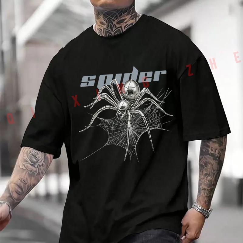 Funny Spider Design Motorcycle Printed T-Shirt Men's Fashion Short Sleeve Exquisite Design Essential Top Tees