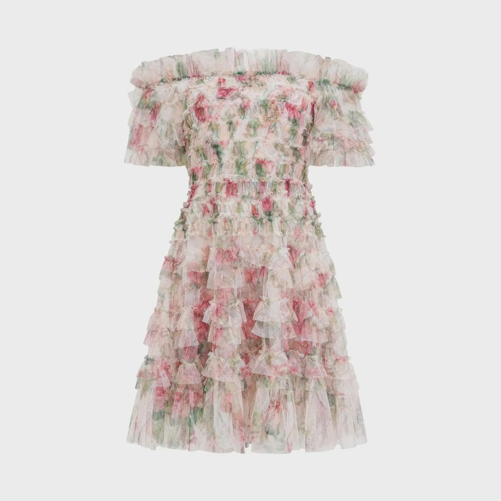 Middle Eastern Floral One-Shoulder Short Dress, Fresh and Sweet Commuter Style with Popular Embroidered Design