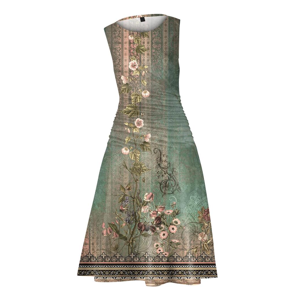 Women's Princess Dress Sexy Round Neck Printed Waist Pulled Sleeveless Dress