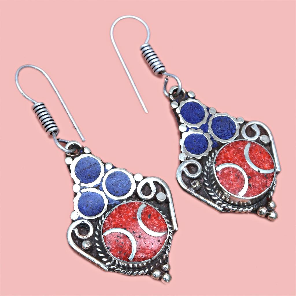 Tibetan Turquoise Coral Red Earrings Nepali Tribal 12gms 1.5" 1.6" Chunky Gift