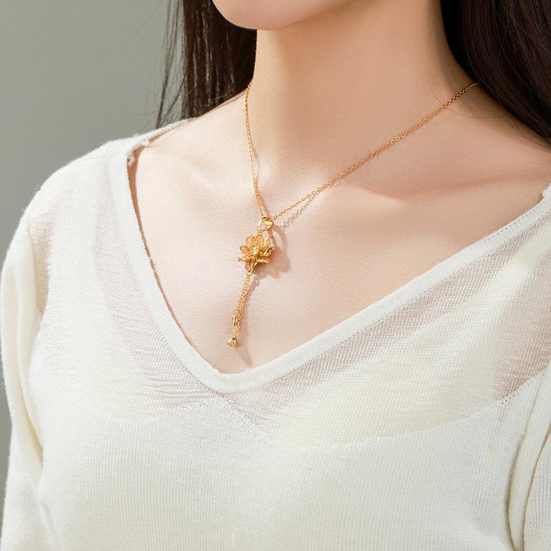 Luxury Pure Gold Real Gold Women's Flower Tassel Pendant Necklace