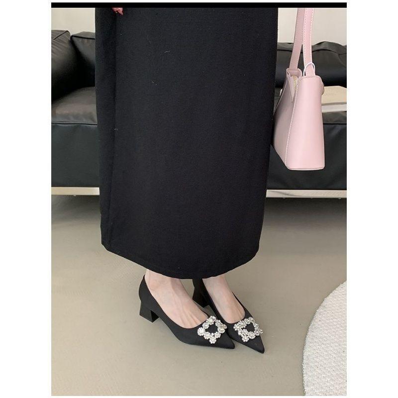 Spring Fashion New Thick Heel Single Shoes Children's Shoes Pointed Rhinestone Shallow Mouth Soft Leather Mid-heel Shoes