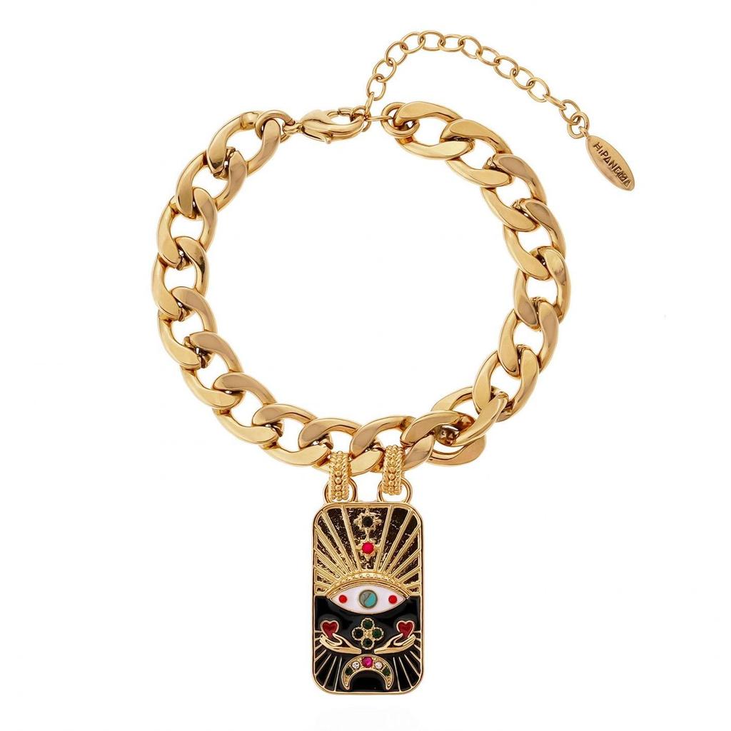 Gold-Plated Copper Tarot Necklace and Bracelet Set with Colored Enamel Demon Eye Design
