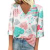 Ladies' Loose Casual Seven Quarter Sleeve V-neck Valentine's Day Printed T-shirt Top