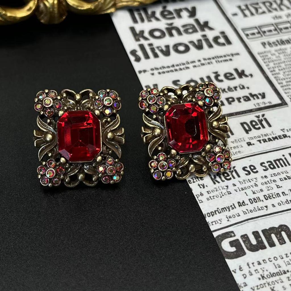 Antique Jewelry Vintage Large Ruby Earrings Heavy Industry Palace Style Geometric Square Rhinestone