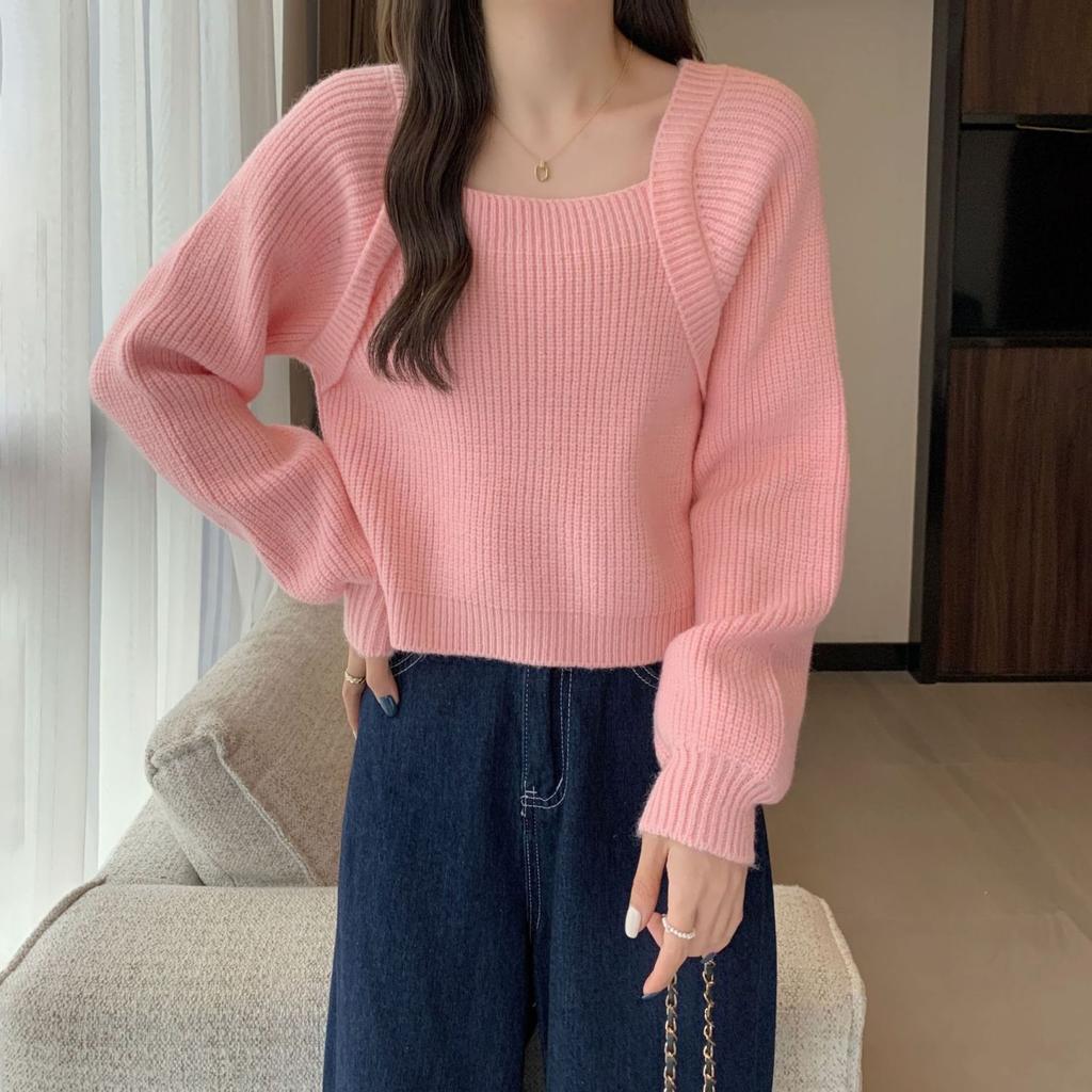 Quadratischer Ausschnitt Strickpullover Damen Herbst und Winter Kurzes Oberteil mit Puffärmeln