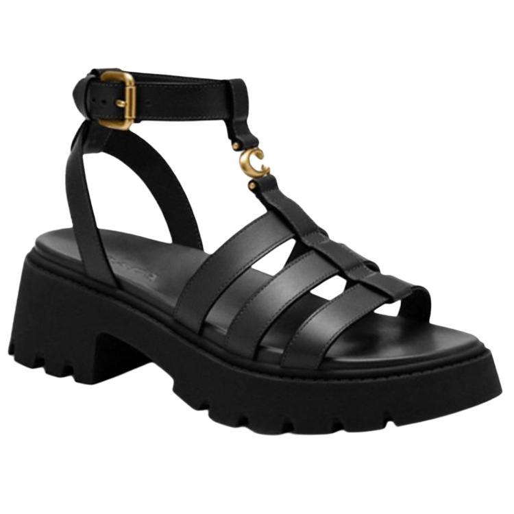 Coach Leather 3D C Logo Thick Sole Open Toe Buckle Comfortable Design Roman Sandals Women sandals Black CAR70-BLK