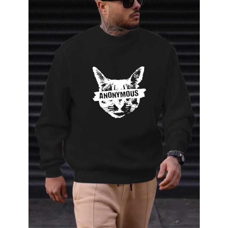 Men's Cat Print Anonymous Lettering Casual Crewneck Sweatshirt.