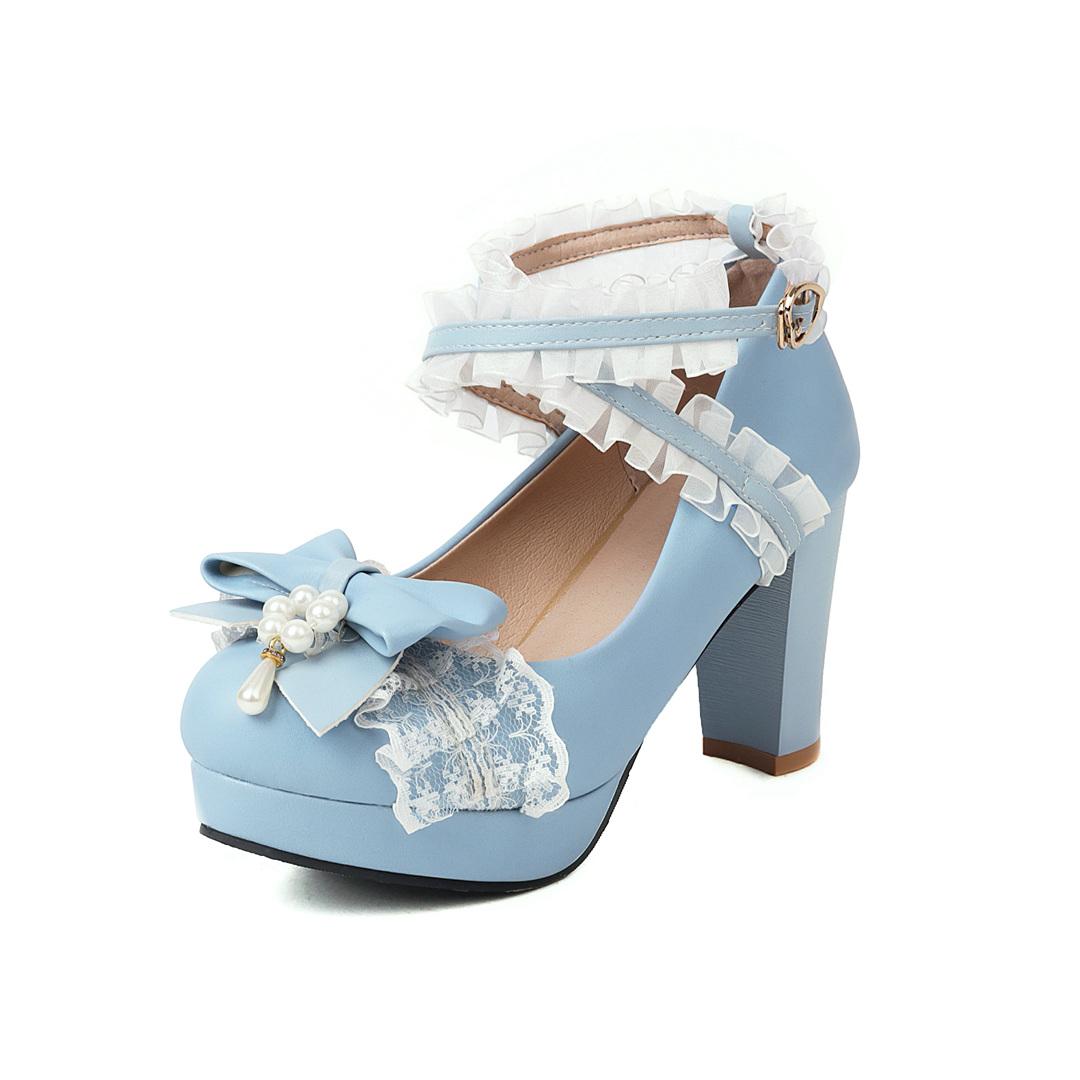 

Весенняя женская обувь размера плюс 22-28 см, милые банкетные туфли в стиле Лолиты на высоком массивном каблуке с жемчугом и бантом с крестообразной пряжкой, длина фута 22–28 см. 46 синий