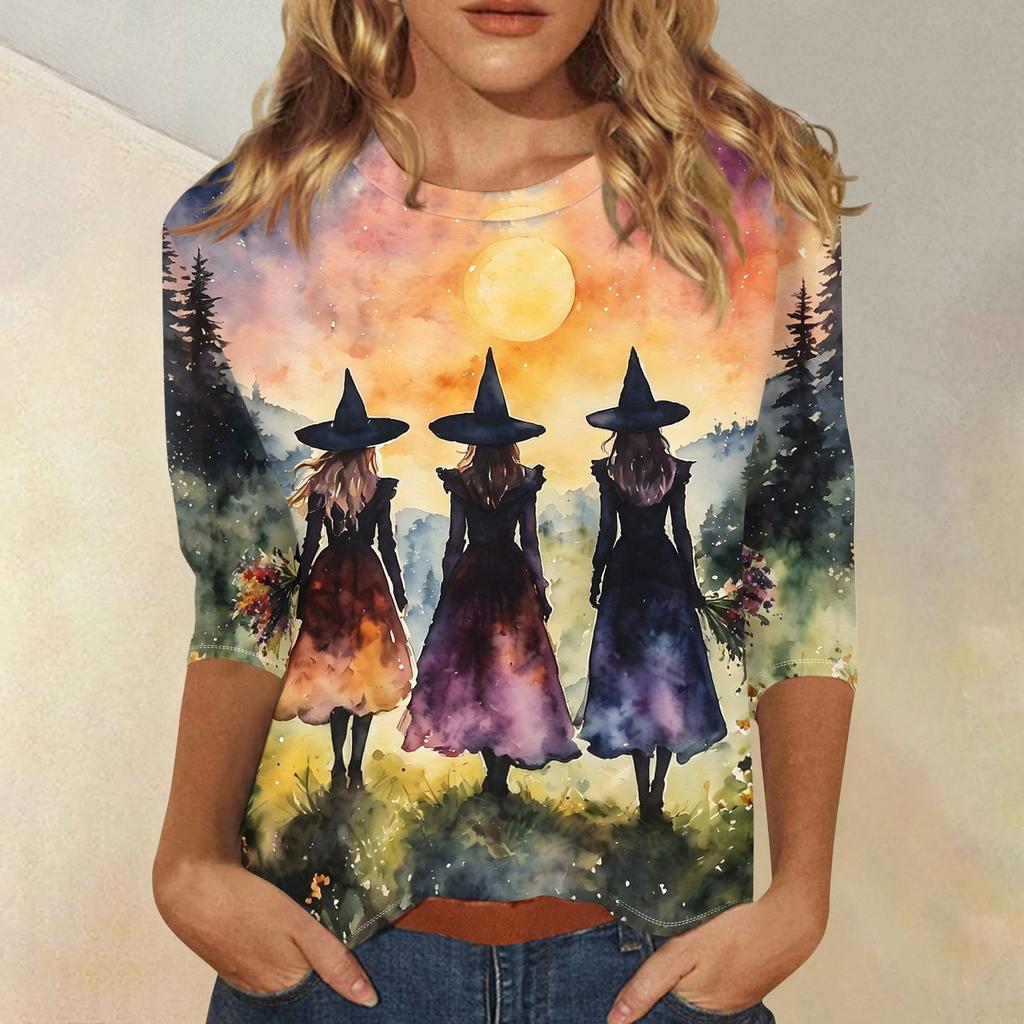 Women's Fashion Casual 3/4 Sleeve Halloween Print Neck Blouse
