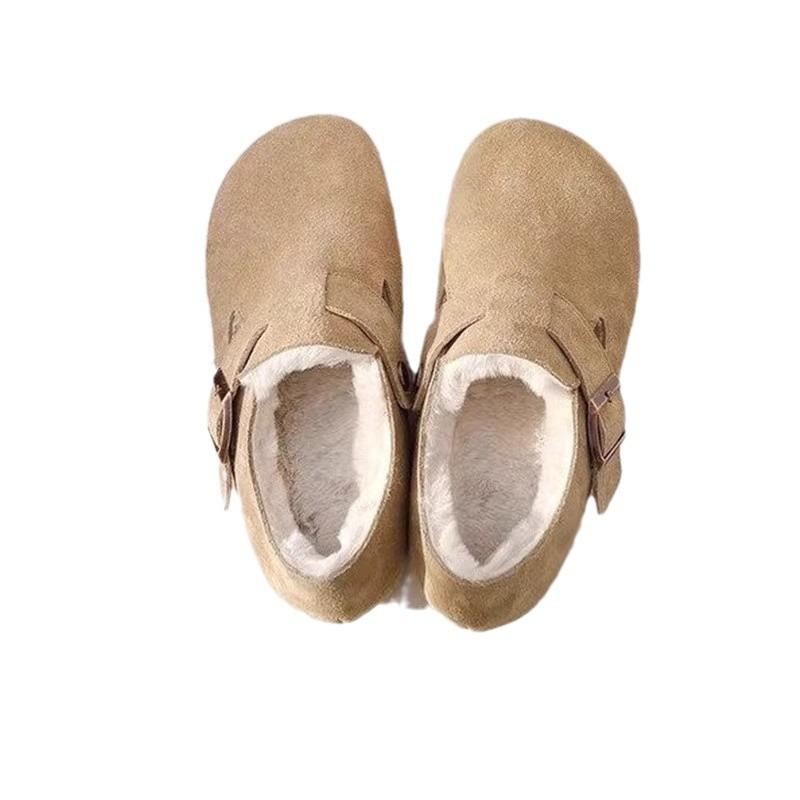 Velluto scarpe singole da donna a pedale unico a punta rotonda scarpe di pelliccia di pelle pigra pantofole con testa a sacco abbigliamento esterno da donna