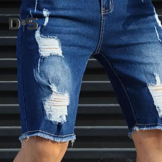 Pánské džínové kraťasy rovné zúžené nohavice s roztrhanými otvory, design po kolena, univerzální styl, krátké džíny