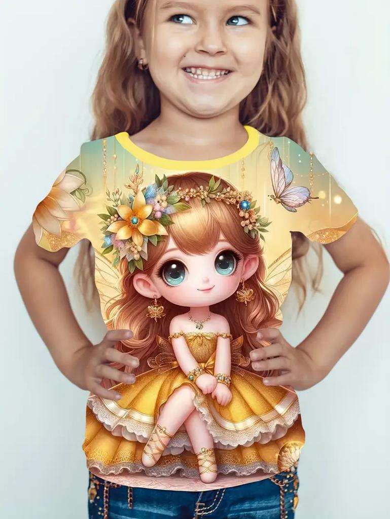 Girl Clothes Cute Cartoon Girl 3D Print Summer Casual Short Sleeve Fashion O-Neck Kids Top Trendy Streetwear Children's Clothing