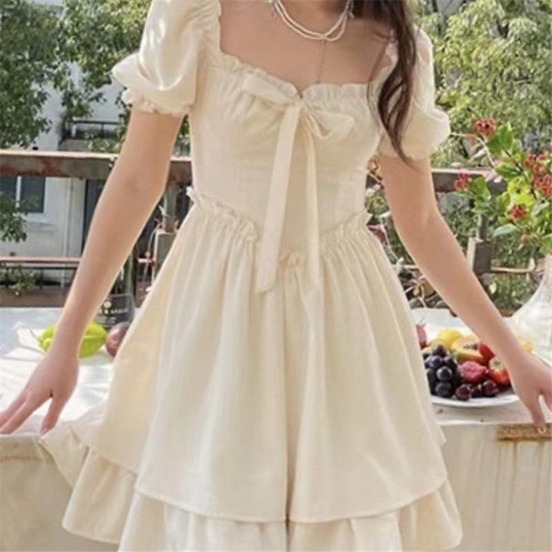 Šaty Letní Čtvercový Výstřih, Bufované Rukávy, Pas, Tenké, Sladká Jednobarevná Krátká Sukně