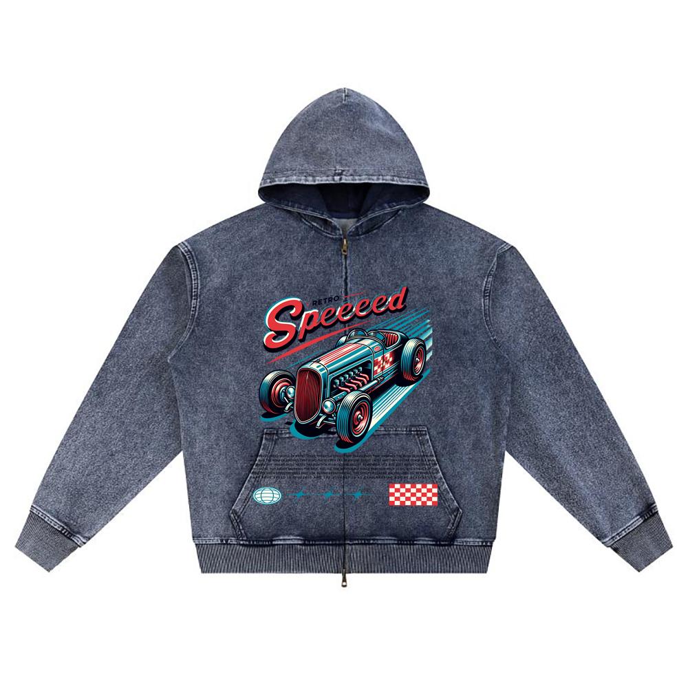 

DTG print Knitted Denim Zip-Up Hoodie Retro Speed Brother Print Zipper Hoodies XL темно-синий