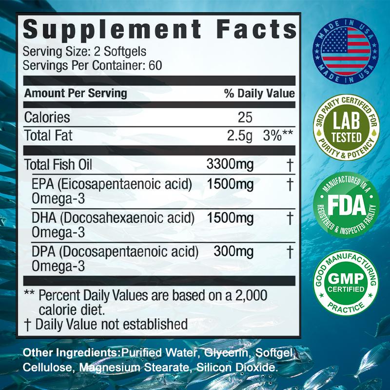 Omega-3 Total Fish Oil 3300mg, Dietary Supplement 120 Capsules Per Bottle