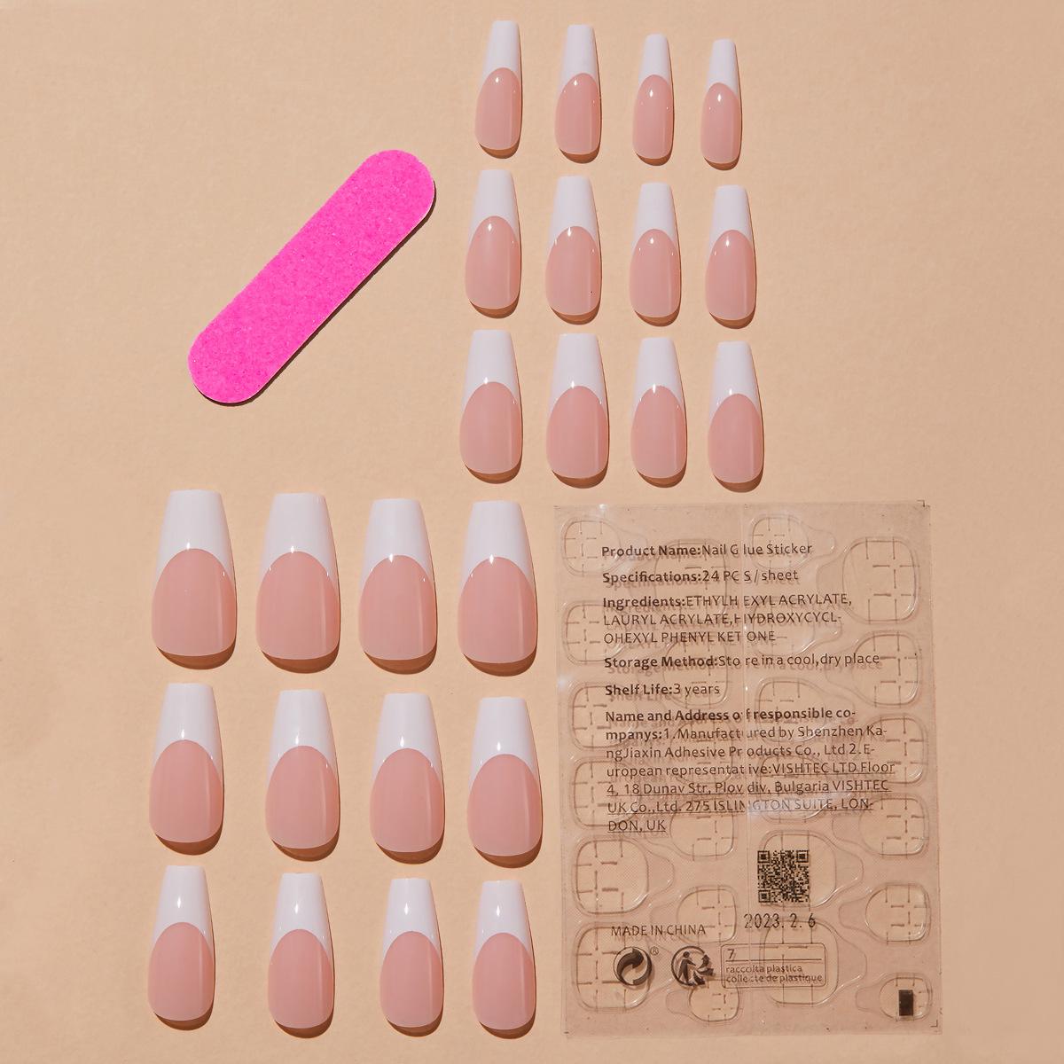 

Белые французские минималистичные длинные накладные ногти, 24 штуки