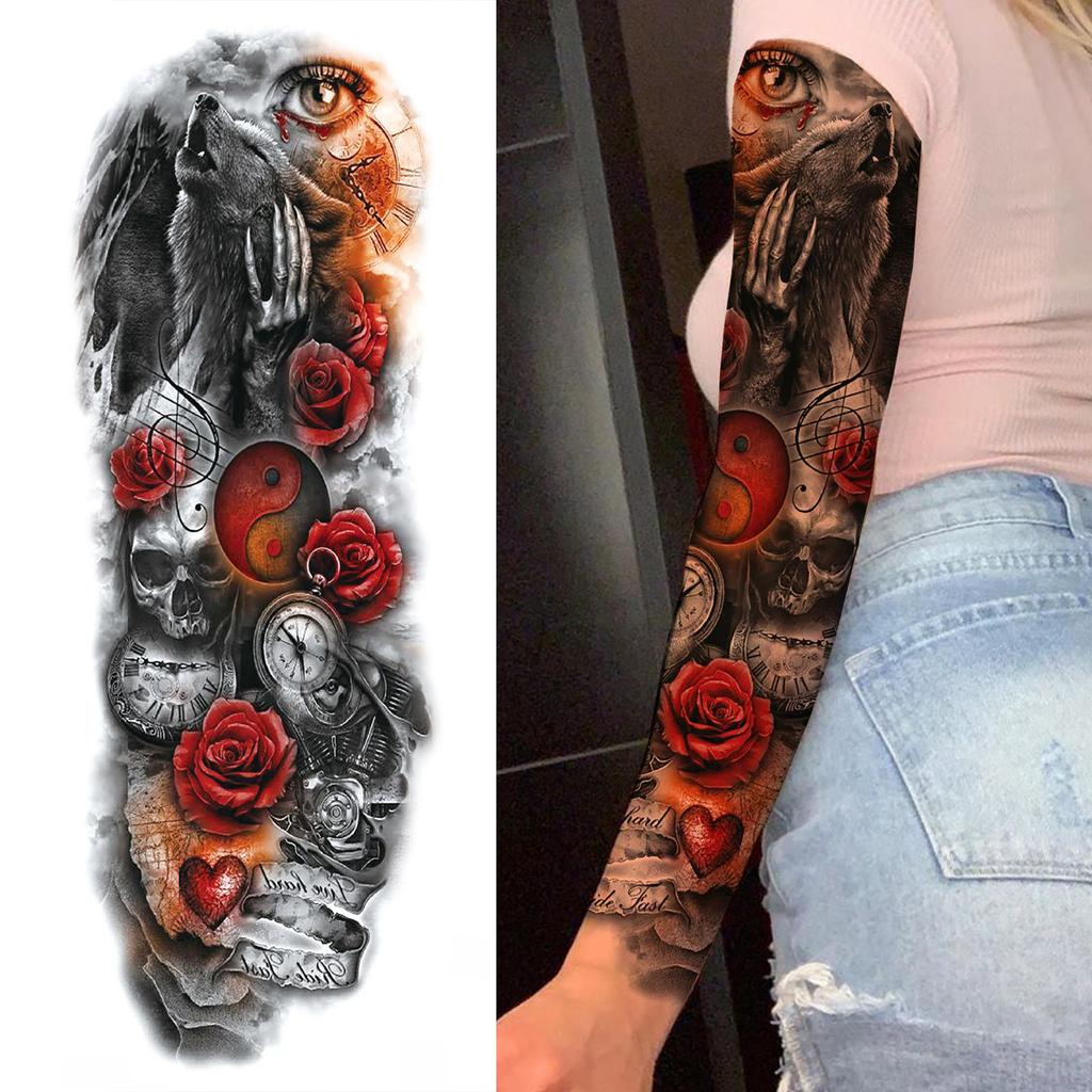 1 Sheet Long Sleeve Temporary Tattoos For Men Women Flower Skull Lion Wolf Tiger Nun Fox Compass Tattoo Sticker Body Art Arm Leg
