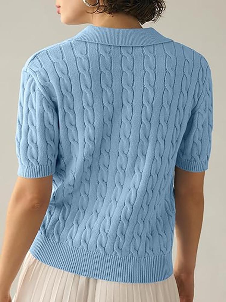 Women's polo collar short sleeved knitted sweater, women's casual solid color twisted flower knitted sweater