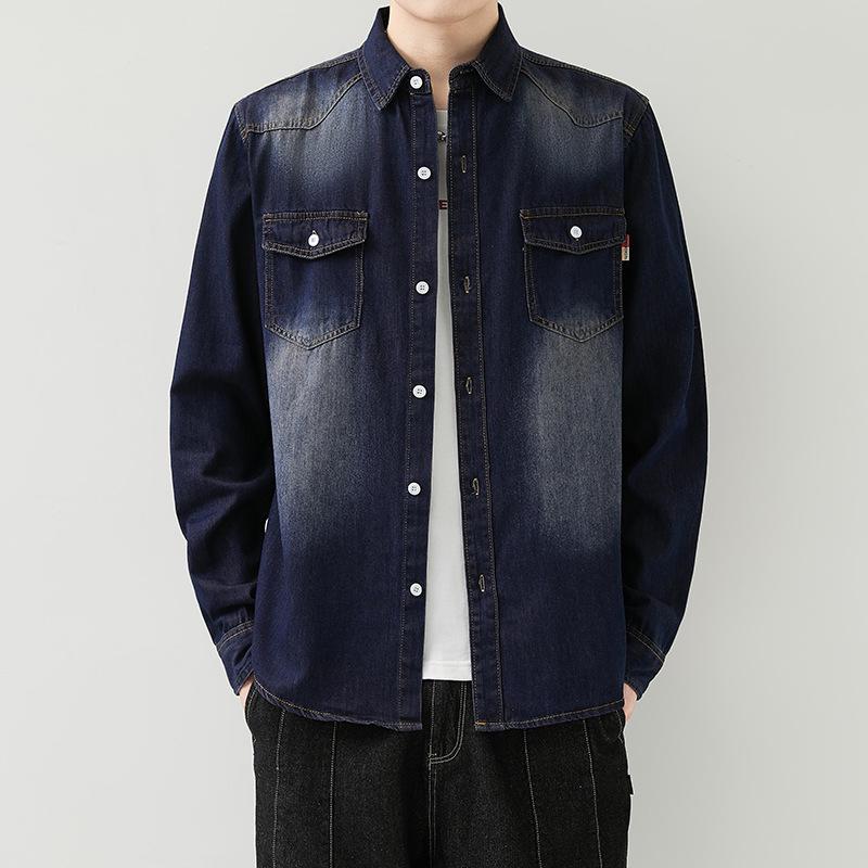 Men's Korean Slim Denim Shirt - Long-Sleeved, Lapel, Retro Style for Spring & Autumn