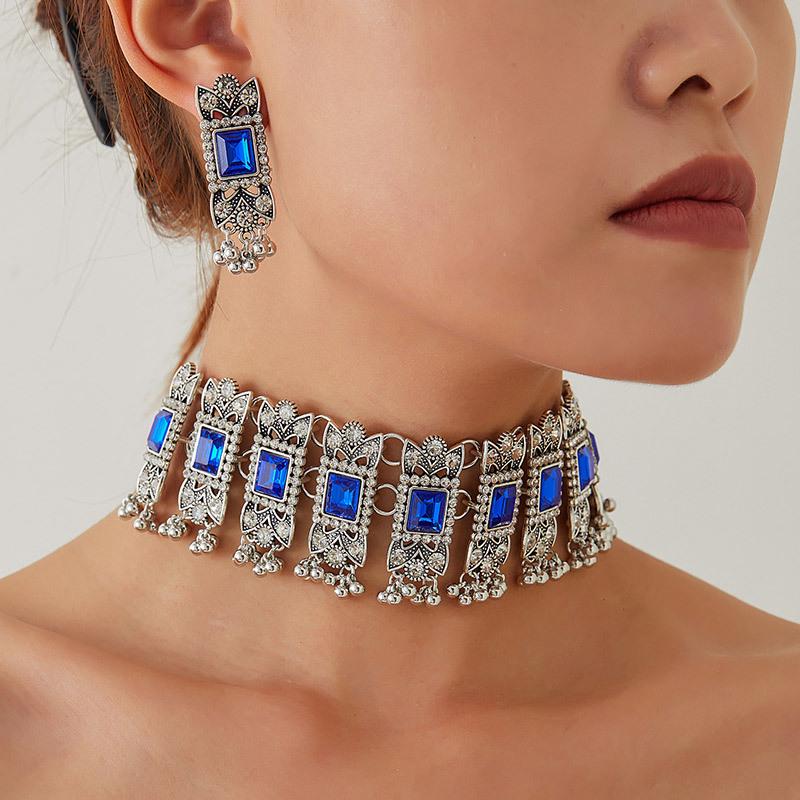 Modisches Retro Edelstein Geometrisches Halsketten- & Ohrring-Set