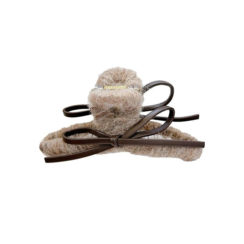 Plush Leather Bow Large Hair Claw Autumn/winter Furry Headband Womans Elegant Hair Pins Shark Clips Female Fashion Barrettes