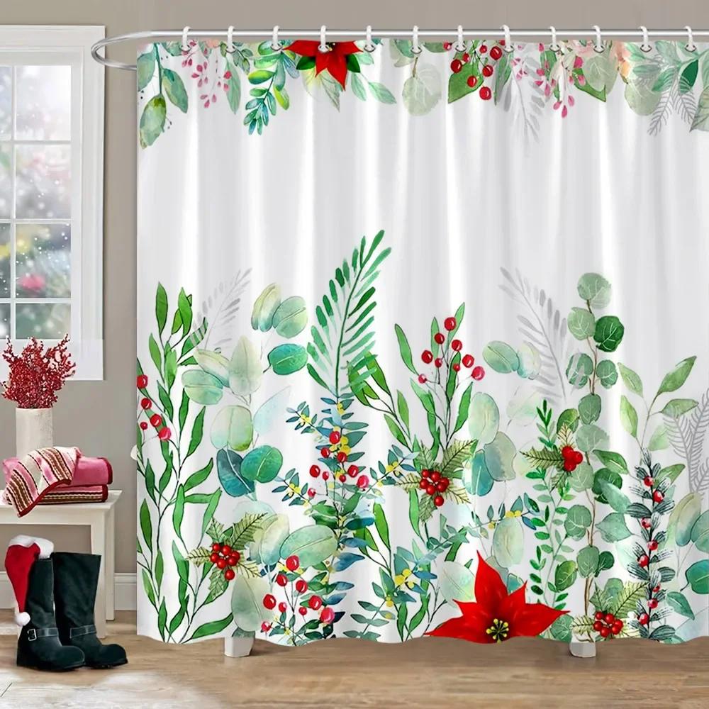 Merry Christmas Shower Curtain Winter Red Truck Snowman Reindeer Snow Farmhouse Shower Curtain Washable Polyester Bathroom Decor