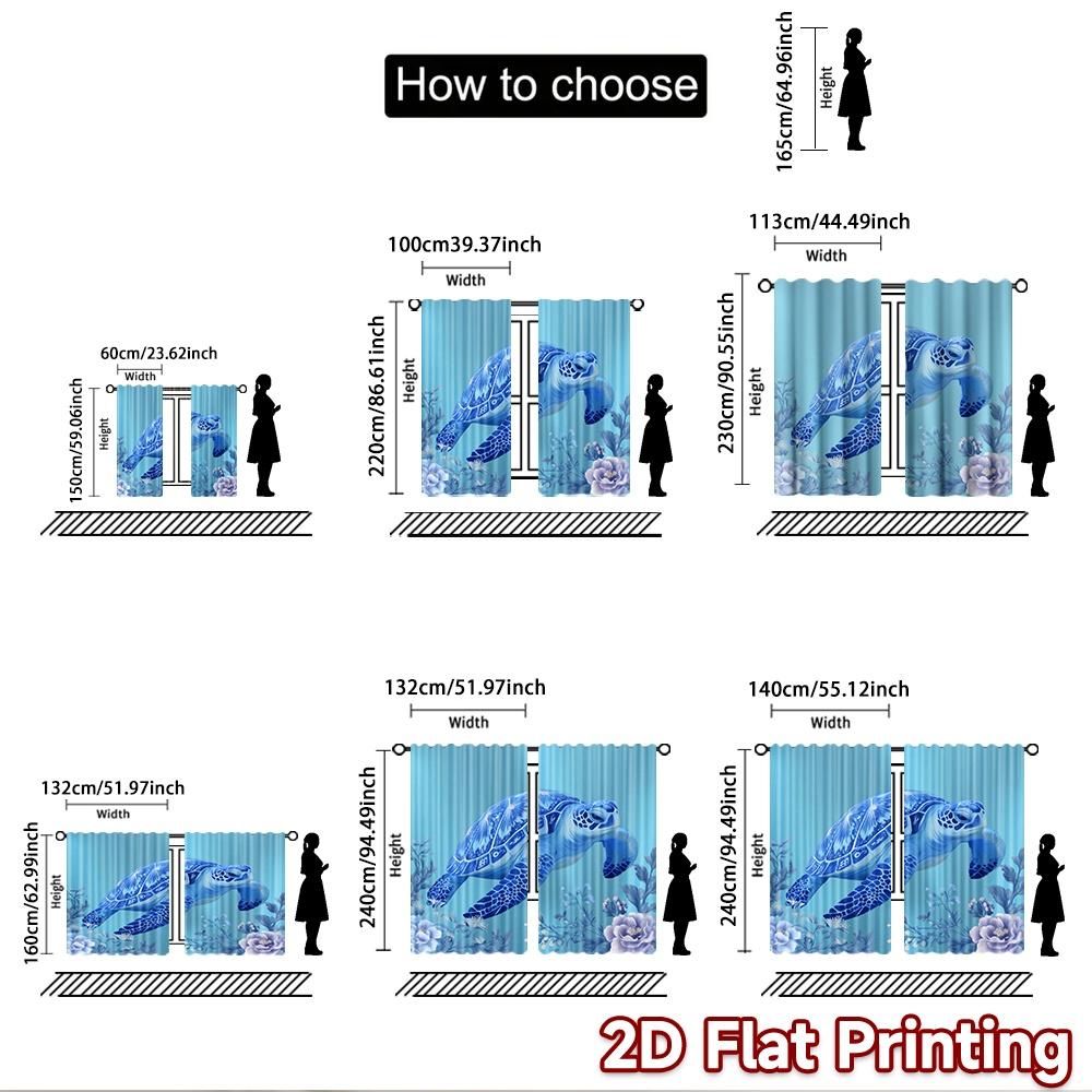 2D Flat Printing 2pcs Curtains Blue Sea Turtle Floral Tapestry Digital Printed Polyester Drapes Family Party for Home Wall Yard